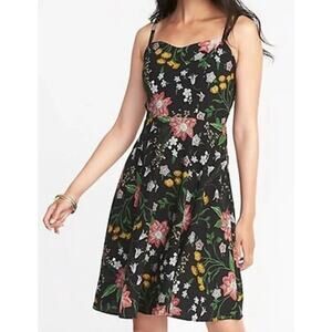 Old Navy Black Floral Fit & Flare Camisole Dress XXL Smocked Back Sun Dress 2XL